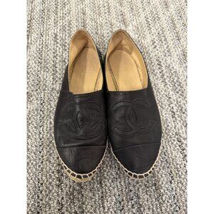 Chanel Black Leather Espadrilles Woven Sole Slip-On Shoes Womens